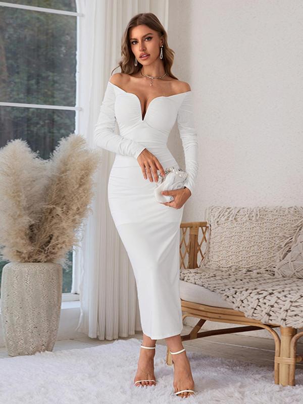 Women's Plain Off Shoulder Ruched Bodycon Dress, Elegant Long Sleeve Dress for Party Dating Wear, Women's Clothing for Fall & Winter